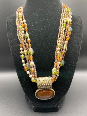 Torsade Style Statement Necklace 7 Strand Mixed Bead Pendant